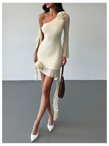 Women's 3D Floral Bodycon Mesh l Asymmetrical Long Sleeve Mini Dress