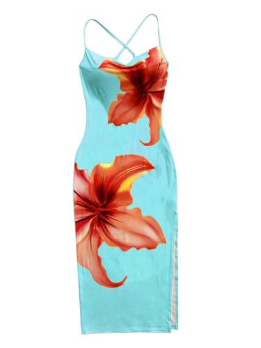 Women's Floral Print Split Thigh Bodycon Dress Criss Cross Skinny Long Cami Dresses