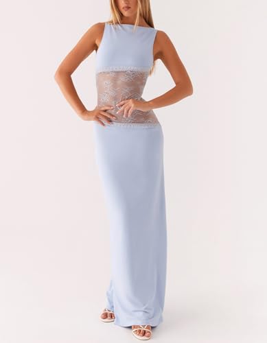 Women Satin Bodycon Maxi Dress Y2K Lace Patchwork Sleeveless Dress Backless Cutout Long Lace Dress Elegant