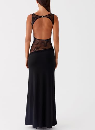 Women Satin Bodycon Maxi Dress Y2K Lace Patchwork Sleeveless Dress Backless Cutout Long Lace Dress Elegant