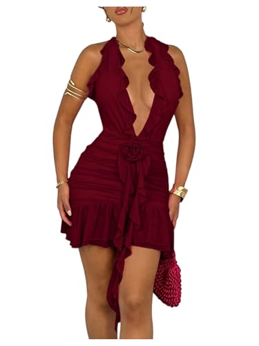 Women's 3D Floral Ruffle Mesh Halter Sleeveless Tie Backless Ruched Bodycon Mini Dress