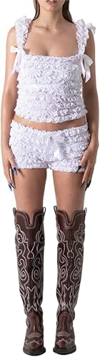 Women's Sexy Ruffle 2 Piece Sets Short Sleeve Bow Tie Front Crop Tops and Smocked Ruched Shorts Loungewear