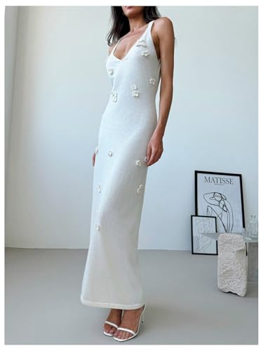 Women's Maxi Floral Appliques V Neck Sleeveless Summer Bodycon Dresses