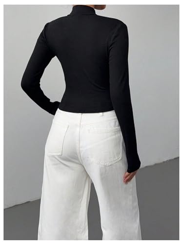 Women's Metallic 3D Floral Cut Out Tee Shirt Long Sleeve Mock Neck Crop Top