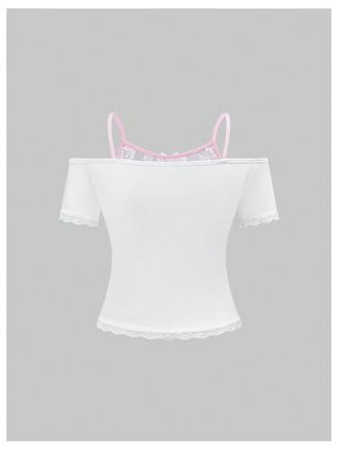 Women's Y2K Coquette Aesthetic Crop Tops Summer Kawaii Clothes Cute Lace Bow Cold Shoulder Graphic Tees