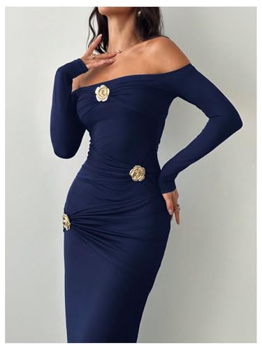 Women's Flower Off The Shoulder Bodycon Maxi Dress Long Sleeve Ruched Dresses Wedding Guest Going Out Dress