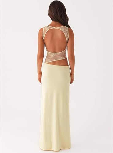 Women Satin Bodycon Maxi Dress Y2K Lace Patchwork Sleeveless Dress Backless Cutout Long Lace Dress Elegant