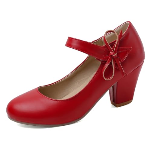 Women's Bow Mary Jane Dress Pumps Shoes Chunky Block High Heels Round Toe Shoes