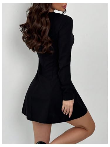 Women's 3D Floral Split Hem Dress Elegant Long Sleeve Crew Neck Flared Mini Work Office Dresses