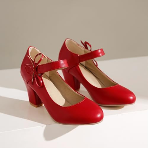 Women's Bow Mary Jane Dress Pumps Shoes Chunky Block High Heels Round Toe Shoes