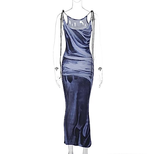 Women's Sexy Spaghetti Strap 3D Print Bodycon Maxi Dress Slim Fit Backless Summer Long Dresses