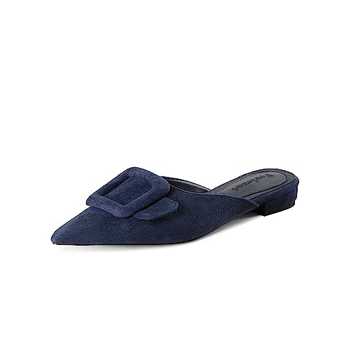 Mule Slippers for Women,Slingback Buckle Flat Pointed Toe Backless Mule Slides Suede Slip On Loafers