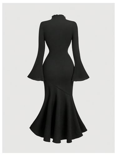 Women's 3D Floral Bell Sleeve Mock Neck Midi Dress Ruffle Hem Bodycon Wedding Guest Dresses