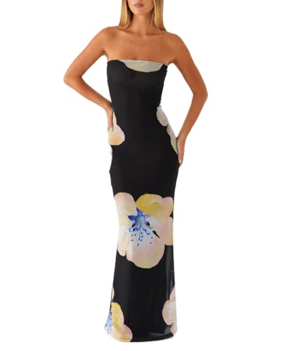 Women Y2k Floral Strapless Dress Sexy Backless Tube Maxi Dress Sleeveless Mesh Bodycon Long Dress
