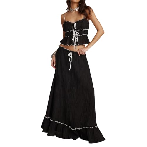 Women 2 Piece Outfits Y2k Sleeveless Lace Trim Cami Tops and Ruffle Ruched Maxi Skirt Matching Set