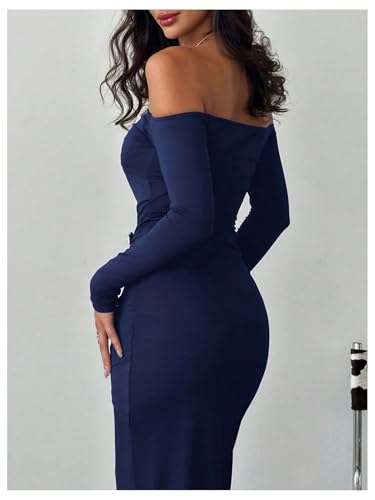 Women's Flower Off The Shoulder Bodycon Maxi Dress Long Sleeve Ruched Dresses Wedding Guest Going Out Dress