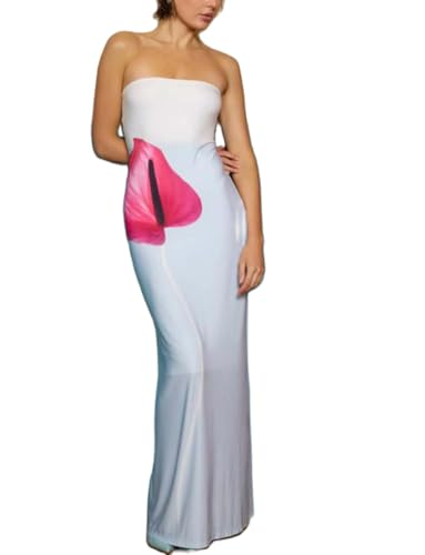 Women Y2k Floral Strapless Dress Sexy Backless Tube Maxi Dress Sleeveless Mesh Bodycon Long Dress