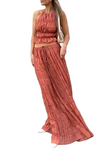 Skirt Sets Women 2 Piece Outfits Backless Halter Top And Pleated Ruffle Flowy Maxi Skirts Y2k Beach Vacation Set