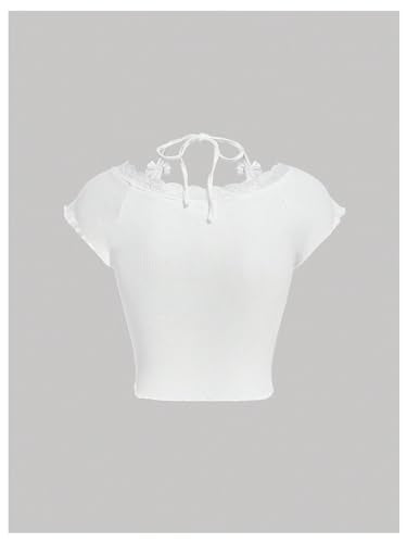 Women's Contrast Lace Halter Neck Lettuce Trim Casual Crop Tee Tops