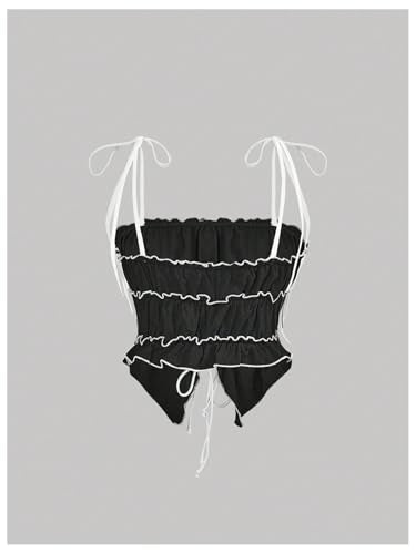 Women's Bow Tie Cami Tops Ruffle Spaghetti Strap Contrast Trim Asymmetrical Camisole Tank