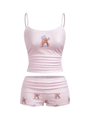 Women's 2 Piece Cute Pajama Set Cartoon Print Ruched Cami Crop Tops and Shorts Lounge Sets