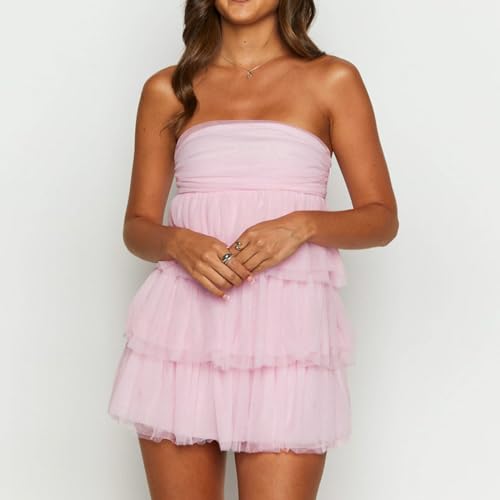Women Strapless Tiered Dress Y2k Off Shoulder Ruffle A Line Tube Mini Dress Club Party Short Dresses