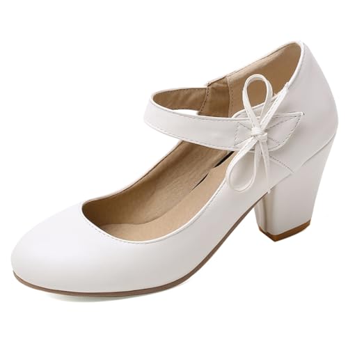 Women's Bow Mary Jane Dress Pumps Shoes Chunky Block High Heels Round Toe Shoes