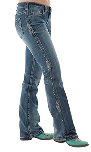 Women Bootcut Jeans, Stretchy Feather Flower Embroidery Mid Rise Slim Straight Leg Pants Jeans