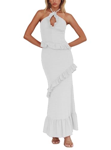 Womens 2 Piece Maxi Skirt Set Y2k Halter Ruched Cami Top Tiered Flowy Ruffle Skirt Outfit