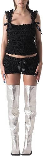 Women's Sexy Ruffle 2 Piece Sets Short Sleeve Bow Tie Front Crop Tops and Smocked Ruched Shorts Loungewear