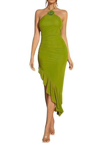 Women's 3D Floral Tie Back Halter Dress Ruffle Split Hem Bodycon Long Dresses