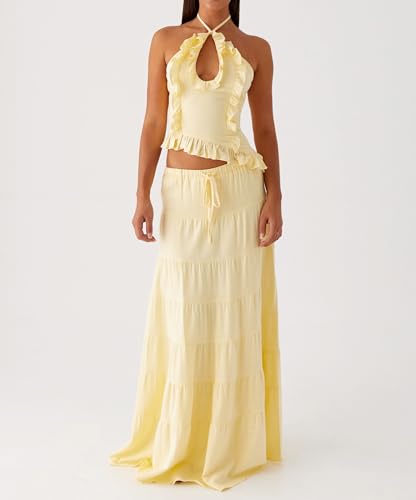 Womens 2 Piece Maxi Skirt Set Y2k Halter Ruched Cami Top Tiered Flowy Ruffle Skirt Outfit