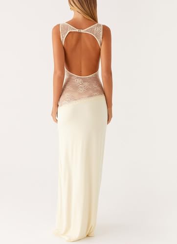 Women Satin Bodycon Maxi Dress Y2K Lace Patchwork Sleeveless Dress Backless Cutout Long Lace Dress Elegant