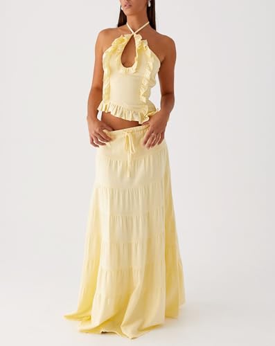 Womens 2 Piece Maxi Skirt Set Y2k Halter Ruched Cami Top Tiered Flowy Ruffle Skirt Outfit