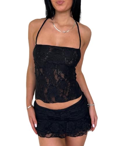 Women Y2K Lace 2 Piece Skirt Set Floral Lace Fitted Crop Cami Top See Through Low Waist Skirt Outfit Streetwear