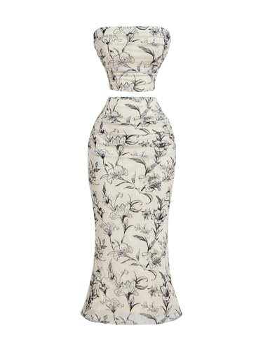 Women's 2 Piece Outfits Mesh Floral Print Strapless Cropped Tube Tops Bodycon Midi Skirt Set