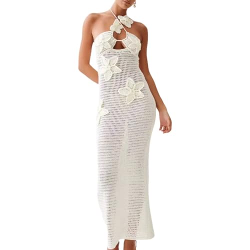 Women Halter Hollow Out Knitted Mini Dress Sexy Crochet 3D Flower Mini Dress