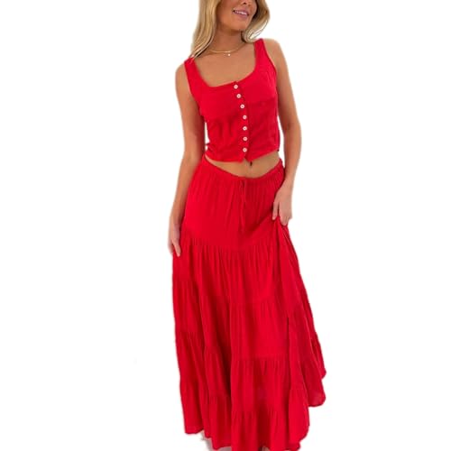 Women 2 Piece Outfits Y2k Sleeveless Lace Trim Cami Tops and Ruffle Ruched Maxi Skirt Matching Set