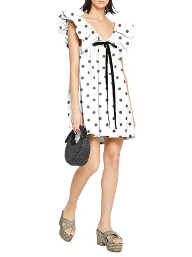 Women's Mini Dress V Neck Puff Sleeve Dress Short Babydoll Bow Dress