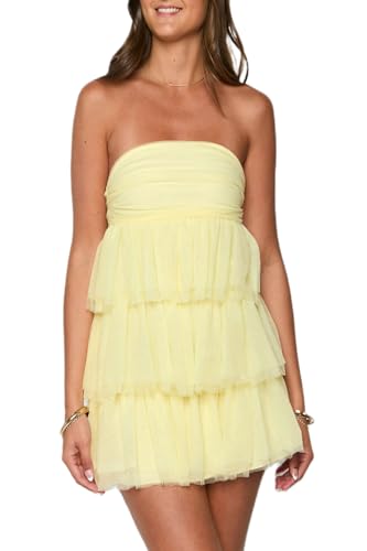 Women Strapless Tiered Dress Y2k Off Shoulder Ruffle A Line Tube Mini Dress Club Party Short Dresses