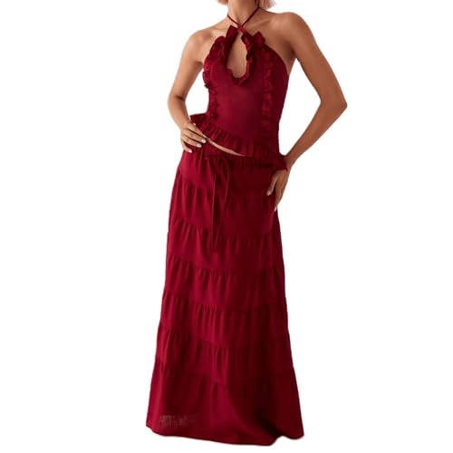 Womens 2 Piece Maxi Skirt Set Y2k Halter Ruched Cami Top Tiered Flowy Ruffle Skirt Outfit