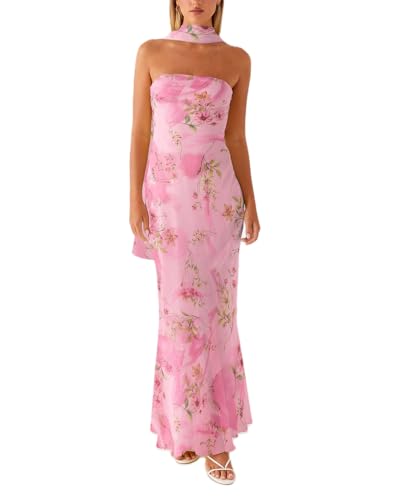 Women Y2k Floral Strapless Dress Sexy Backless Tube Maxi Dress Sleeveless Mesh Bodycon Long Dress