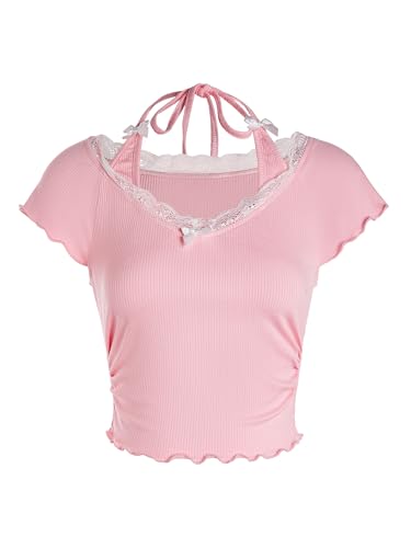 Women's Contrast Lace Halter Neck Lettuce Trim Casual Crop Tee Tops