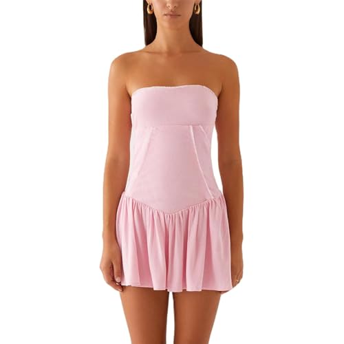 Women's Strapless 3D Flower Mini Dress Sexy Ruffle Short Tube Dress with 3DFloral Bodycon Backless Cocktail Party