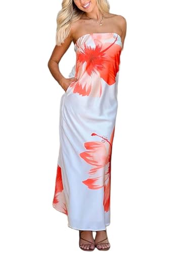 Women Y2k Floral Strapless Dress Sexy Backless Tube Maxi Dress Sleeveless Mesh Bodycon Long Dress