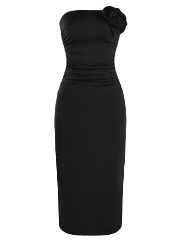 Women's 3D Flower Strapless Bodycon Dress Ruched Slit Hem Wedding Guest Maxi Tube Dresses