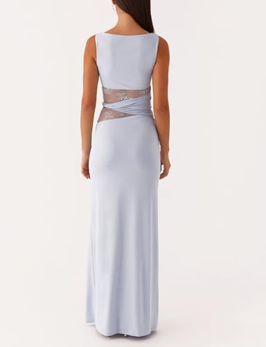 Women Satin Bodycon Maxi Dress Y2K Lace Patchwork Sleeveless Dress Backless Cutout Long Lace Dress Elegant