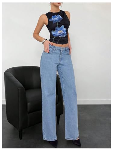 Women's Flower Print Mesh Top Sleeveless Mock Neck Ruched Tank Tops