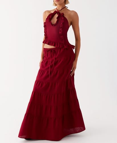 Womens 2 Piece Maxi Skirt Set Y2k Halter Ruched Cami Top Tiered Flowy Ruffle Skirt Outfit