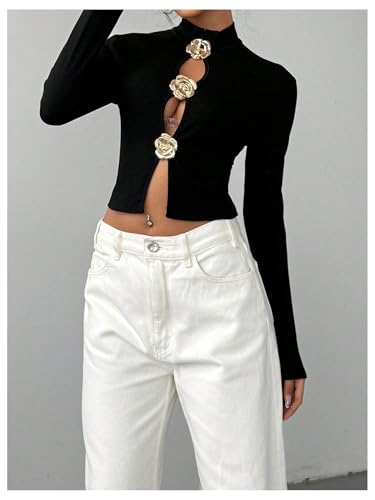 Women's Metallic 3D Floral Cut Out Tee Shirt Long Sleeve Mock Neck Crop Top